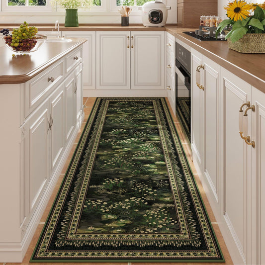 Rugcomf Runner Rug Impressionist-Style Vintage Kitchen Rugs Non Slip Washable Soft Carpet Runner for Kitchen Laundry Bedroom Bathroom, Green