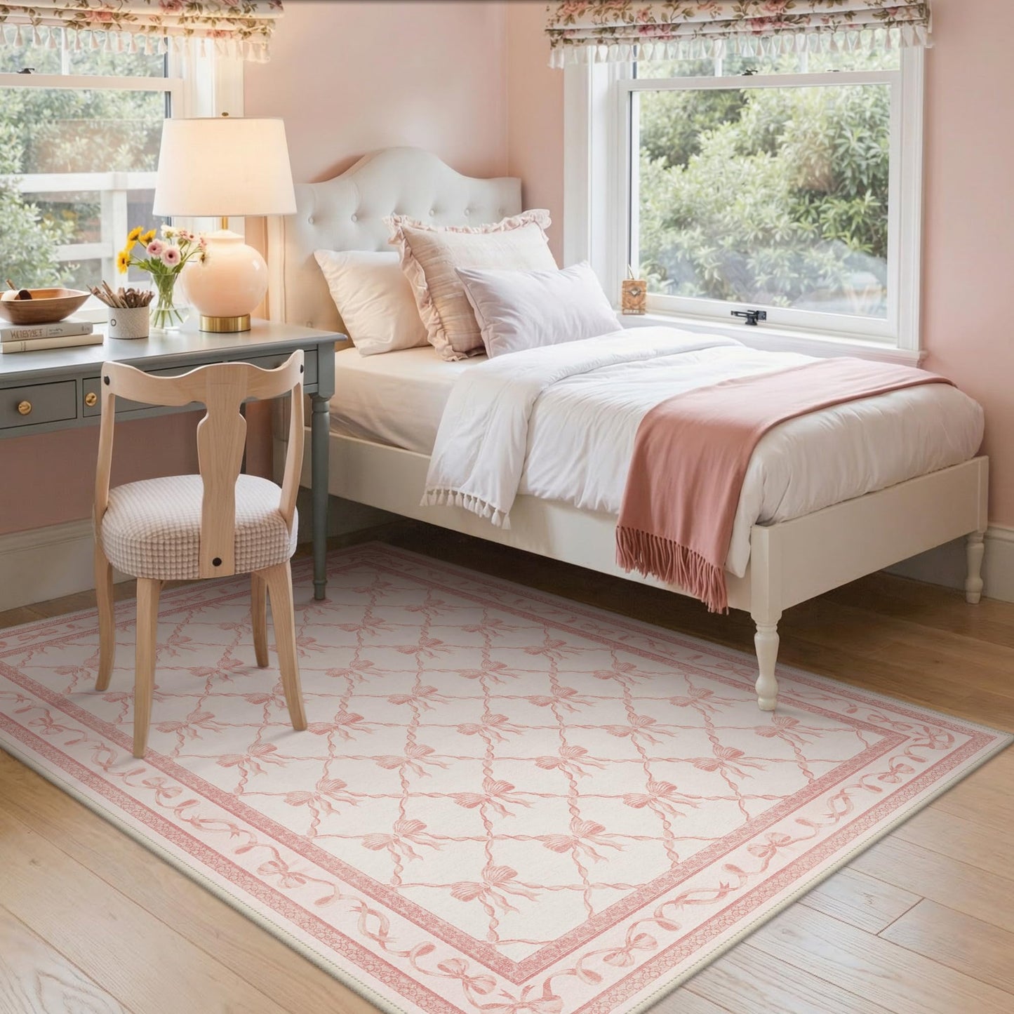 GENIMO 5X7 Pink Rug for Girls Bedroom, Machine Washable Nursery Light Pink Pastel Area Rug, Bow Pattern Floral Soft Cute Low Pile, for Teen Room Living Room, Playroom Dorm Room Home Decor
