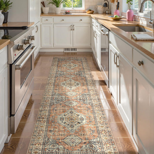 Lahome Oriental Kitchen Runners for Hallways, 2.5x10 Washable Runner Rug Non Slip, Soft Hallway Rug Distressed Ultra-Thin Long Carpet for Bathroom Entryway ‎Bedroom Eleanor, Peach/Orange