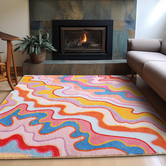Aldopein Colorful Abstract 5x7 Area Rug Ultra Thin Flatweave Funky Aesthetic Colorful Striped Bedroom Rug Orange Blush Washable Carpet for Kitchen Entryway Living Dining Room Dorm Nursery