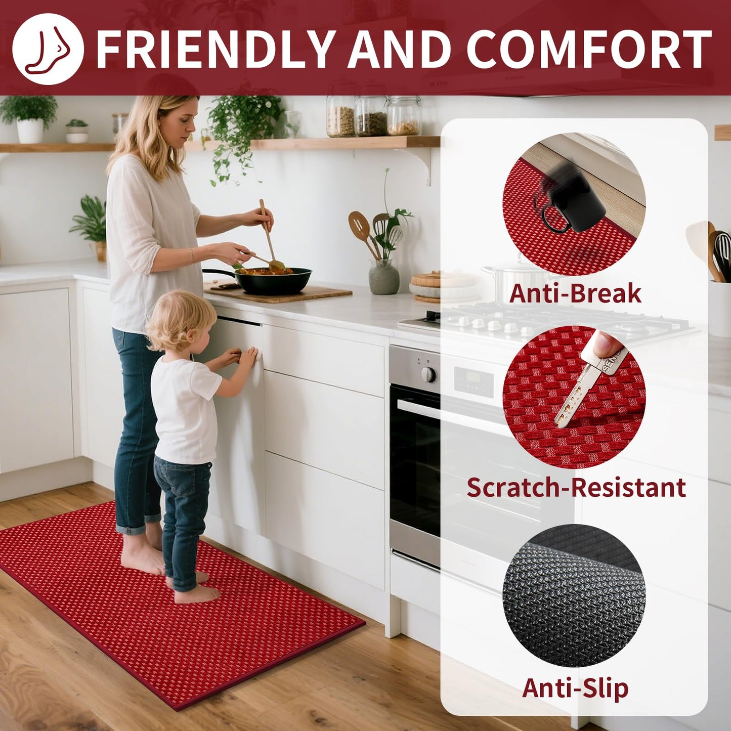 YDKGL Kitchen Rugs Non Slip Washable, Rubber Backing Soft Chenille Braided Kitchen Mats for Floor, Super Absorbent Kitchen Runner Rug Standing Mat Sink Mat, Easy to Clean, Red 17"x47"