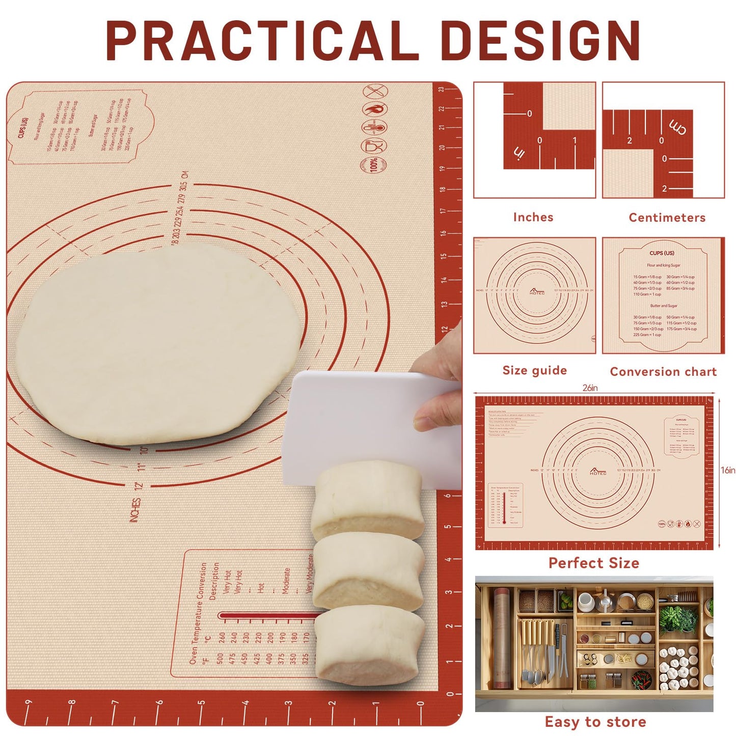 HOTEC Silicone Baking Mat - 26x16 Thickened Pastry Dough Mat with Measurement Non-Stick For Dough Rolling, Bread, Oven Liner, Kitchen Counter, Fondant/Pie Crust
