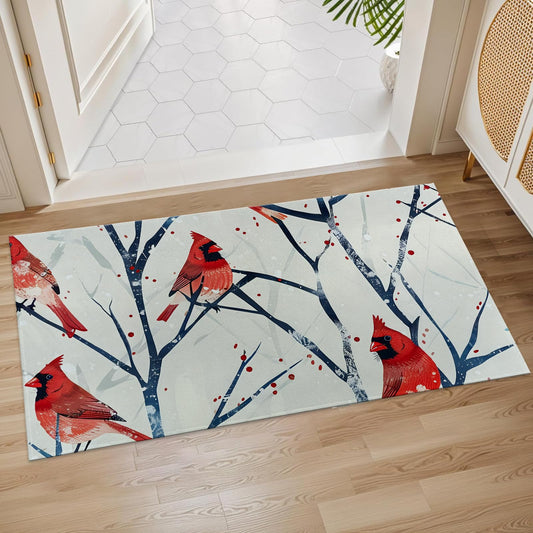 Plistiz Winter Cardinal Pattern Indoor Door Mat, 17x29.5 Inch, Floor Area Rug for Entryway, Living Room, or Bathroom, Non-Slip Doormat, Festive Red Bird Design on Snowy Branches Home Decor Rug Gifts