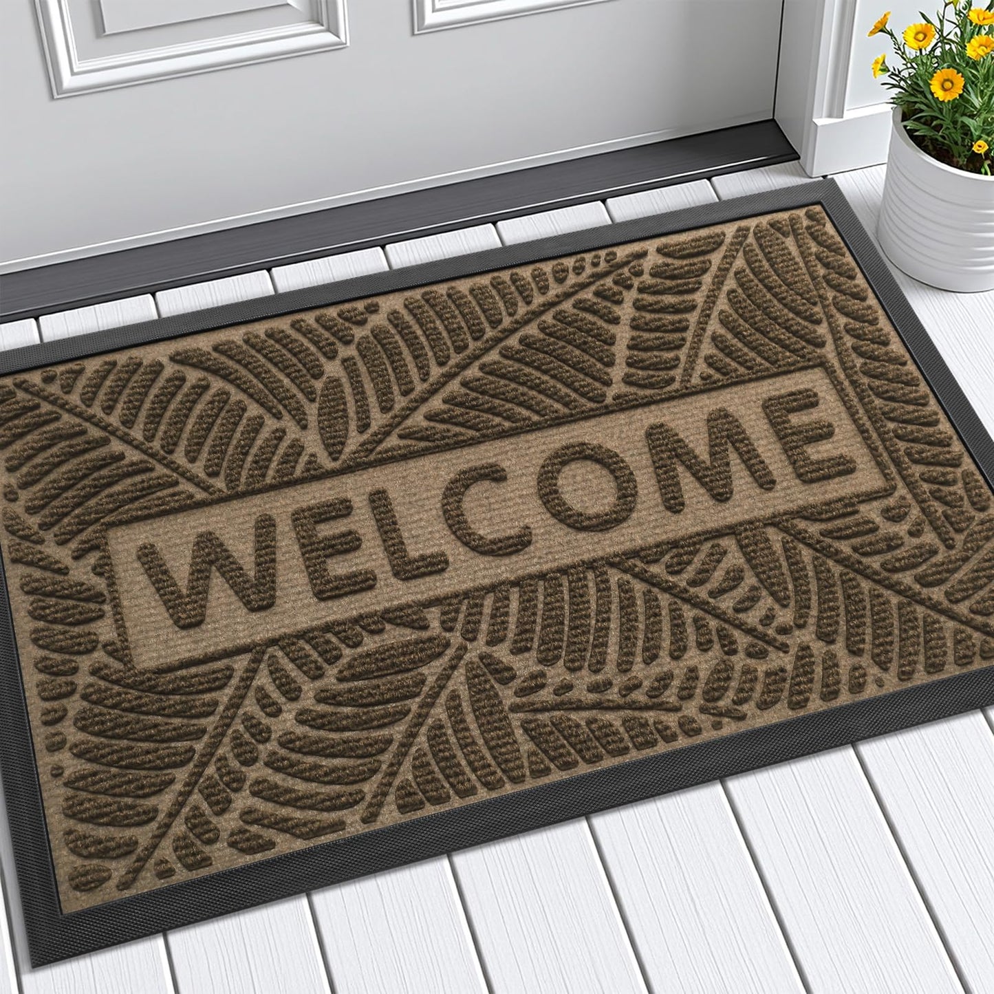 Smiry Welcome Mat Indoor Outdoor, All-Season Waterproof Front Door Mat, Sturdy Natural Rubber Doormat, Non-Slip, Easy Clean, Low Profile Dirt Trapper for Porch Patio Entrance, 29.5x17, Brown