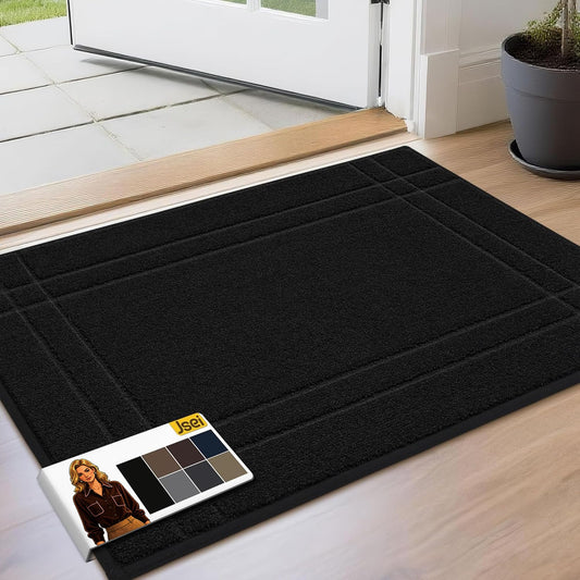 JSEI Door Mat, Low Profile Front Entryway Rugs for Wet Shoes and Dirty Pet Paws, Absorbent Dirt Trapper Doormat, Non Slip TPR Backing, Machine Washable Entryway Mat, Black, 20" x 32"