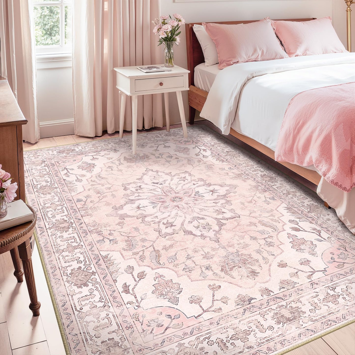 RELEANY Area Rugs 5'x7' Washable Non-Slip, Floral Vintage Distress Medallion Carpet for Living Room Bedroom Dining Room, Pink Greypink Cute