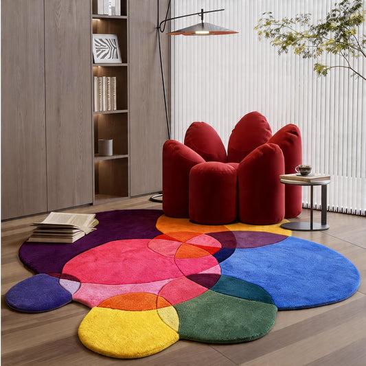 Y2k Irregular Round Colorful Rug 4ft for Bedroom,3D Handmade Tufted Fun Small Throw Rugs Bedside Living Room Playroom,Non Slip Graphic Designer Pastel Rug Cute Girl Kids Room Decor Carpet(Modern, 4')