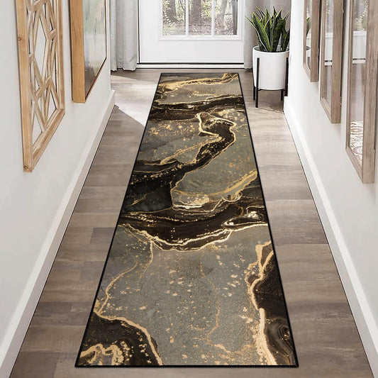 Modern Abstract Marble Runner Rug - 2x8 Luxury Hallway Rug Non-Slip Soft Washable Runner Rug for Entryways Hallways Bedroom Laundry Room Kitchen (Brown/Gold)