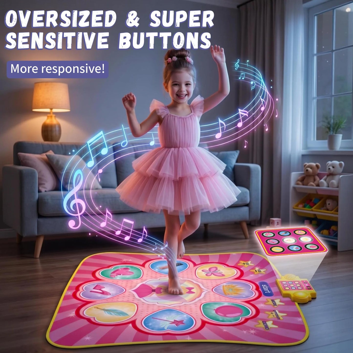 YESHIN Dance Mat, Rhythm Step Play Mat with LED Lights, Oversized Sensitive Buttons, 8 Songs & 7 Volume Levels, 3 Modes, Dance Game Toy Pad, for Kids Girls 3-12 (Pink)