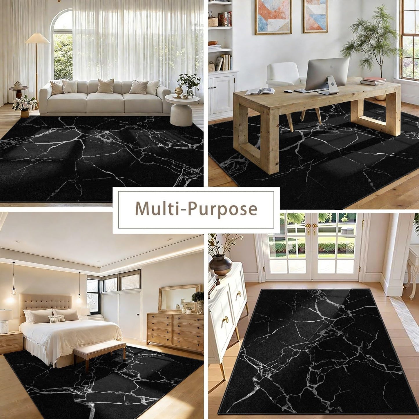 RSJLFHE 2x3ft Area Rug for Living Room, Modern Minimalist Black White Marble Washable Rug, Non Slip Low Pile Stain Resistant Soft Indoor Carpet for Bedroom Dining Room Office Home Decor