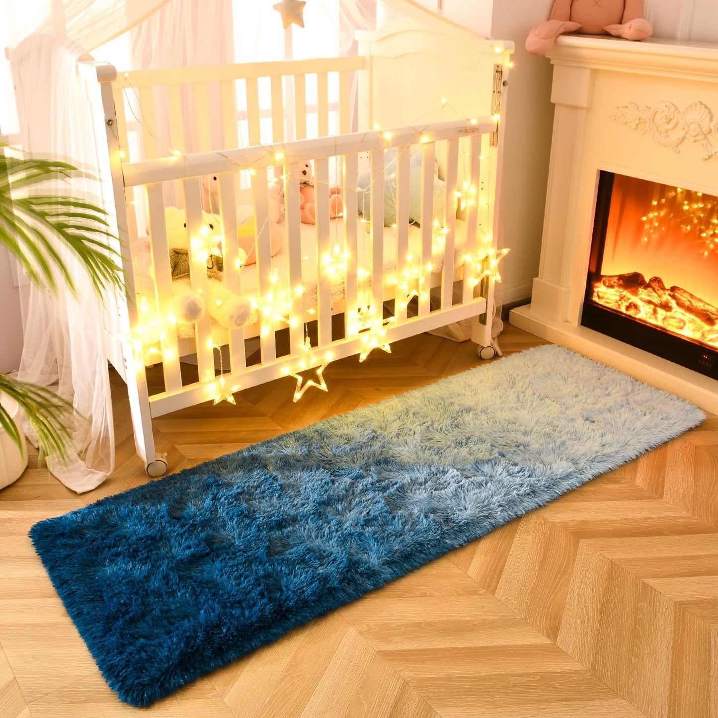DweIke Luxury Shaggy Runner Rugs for Bedroom, 2x6 Feet Fluffy Runners Carpet for Girls Boys Kids, Non-Slip Extra Comfy Plush Bed Beside Rug for Living Room Nursery Home Decor, Gradient Navy Blue