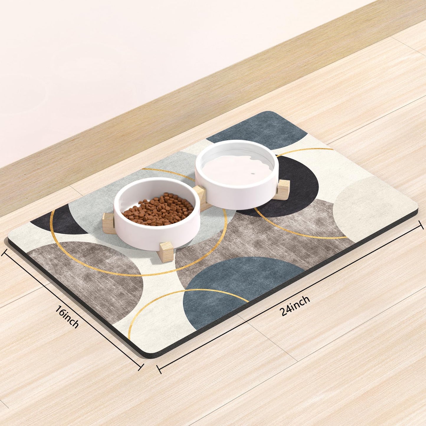 Rnivvi Dog Food Mat, 16" x 24" Boho Absorbent Dog Cat Bowl Mat for Food and Water, Cute Anti-Slip Rubber Pet Feeding Rug Protect Floors, Puppy Placemat for Feeding & Watering Supplies, Abstract Circle
