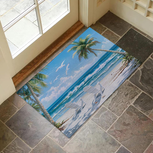 VANZEV Beach Scene Indoor Door Mat for Entryway, 17x29.5 Inch, Coastal Palm Trees Floor Doormat for Home Decor, Non-Slip Rug Mat for Living Room, Kitchen, Bedroom, Gifts for Tropical Lovers