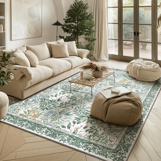 Baksham Botanical Floral Area Rug 5x7 Light Green Cream Vintage Garden Design, Perfect for Living Room, Bedroom, Kids Room, Nursery - Stain & Water Resistant Non-Slip, Pet & Child Friendly Area Rugs