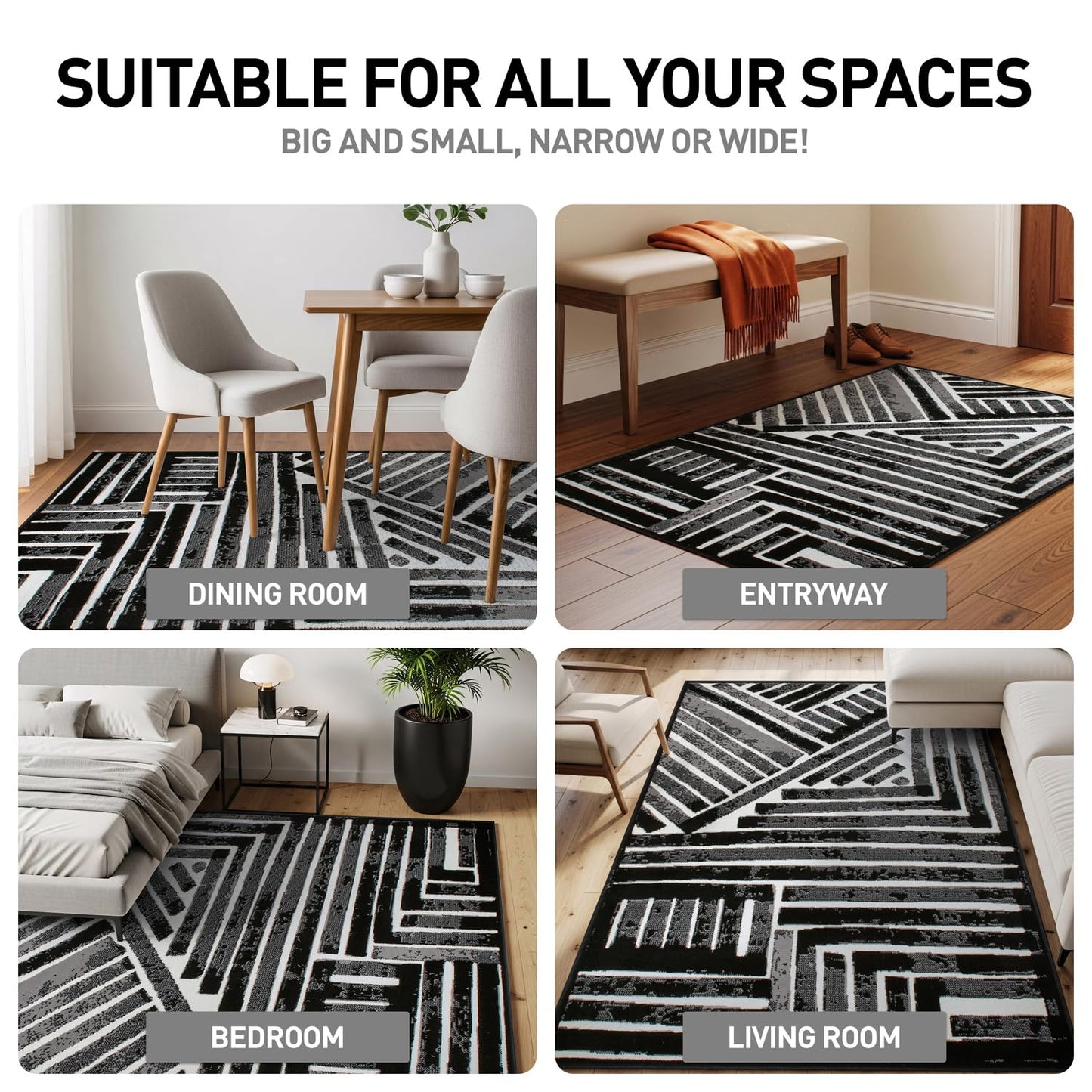 Rugshop Contemporary Stripe Design High Traffic Area Rug for Living Room,Bedroom,Kitchen,Entryway 5' x 7' Black