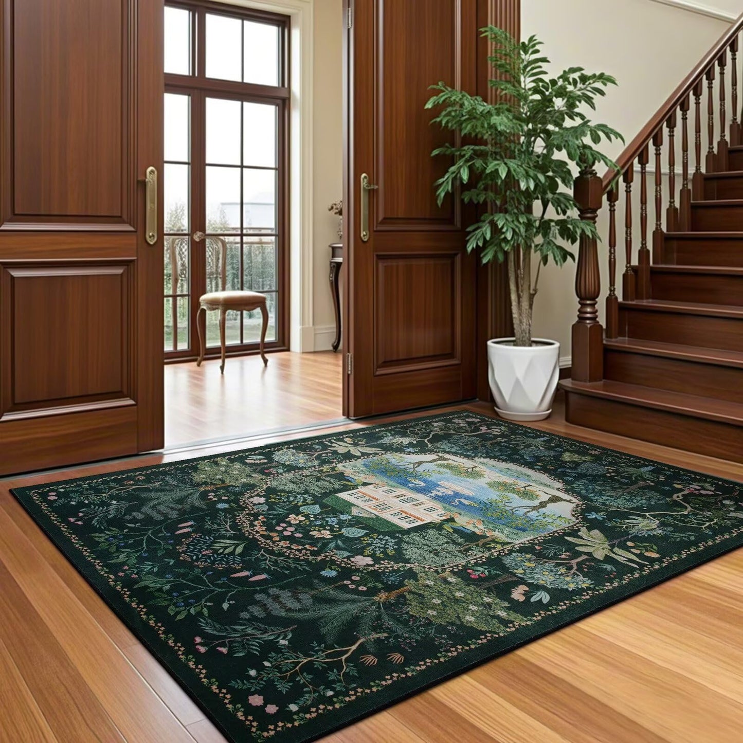 Vasofe 3x5 Bedroom Rug,Washable Rugs for Entryway, Living Room, Indoor Floor Mat, Modern Animal Peacock Floral Mats for Nursery, Farmhouse, Laundry Room, Non Slip Low Pile Soft Carpet, Black Green