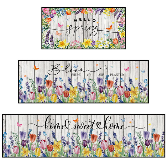 Hello Spring Kitchen Rugs Sets of 3, Washable Tulip Lavender Floral Kitchen Mats, Non-Slip Spring Summer Farmhouse Floor Mat Decor for Indoor Outdoor Seasonal Holiday Office Bathroom Home Decorations