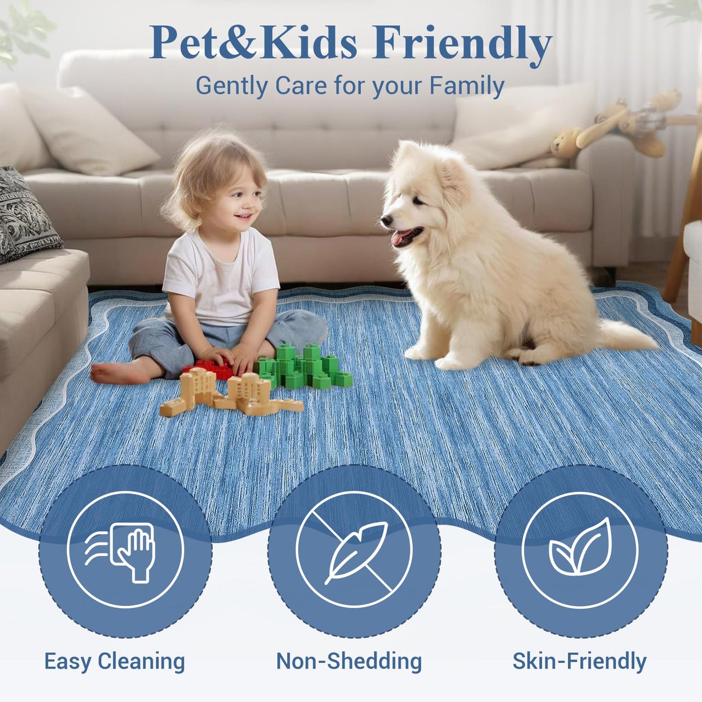 GarveeHome Scalloped Washable 8x10 Rugs for Living Room Bedroom Large Scalloped Solid Rug Non-Slip Stain Resistant Carpet Easy Clean Kids&Pet Friendly Carpet for Nursery Dining Room Table Dorm Blue