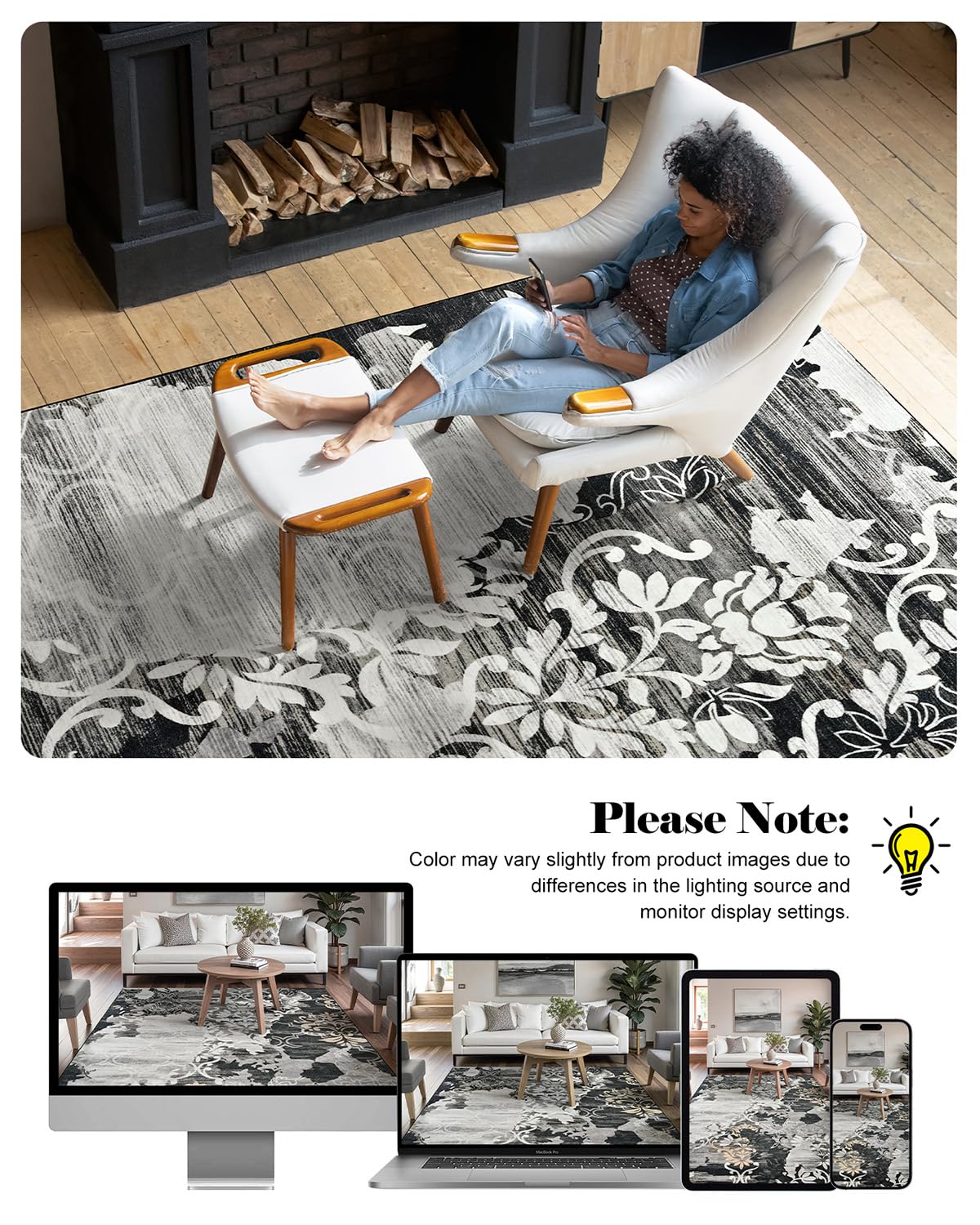 Washable Abstract Rug, 5x7 Black Floral Area Rugs with Non-Slip Rubber Backed for Bedroom, Low Pile Modern Throw Carpet Kitchen Living Room Decor