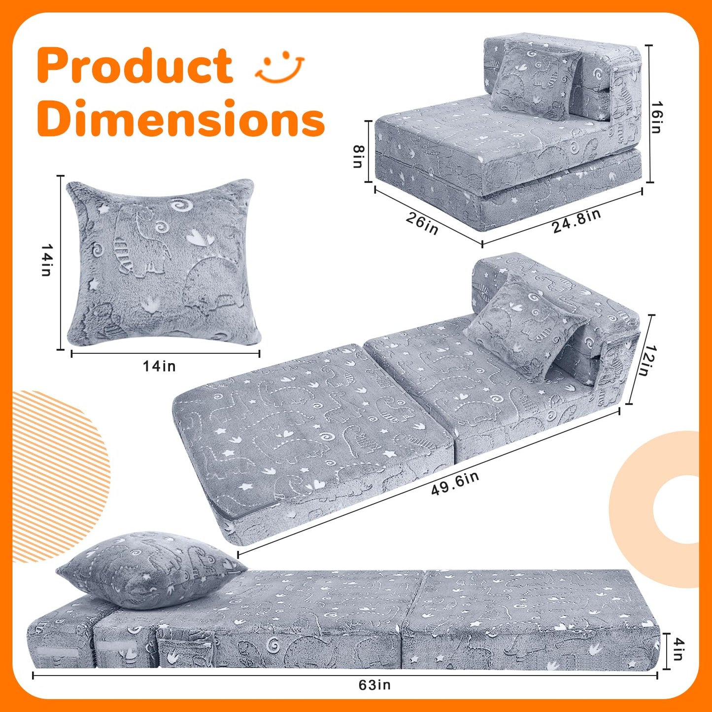 MeMoreCool Kids Floor Mattress Glow in The Dark, Convertible Sofa Couch, Folding Futon Chair Bed for Kids Playroom (Glowing Dinosaur)