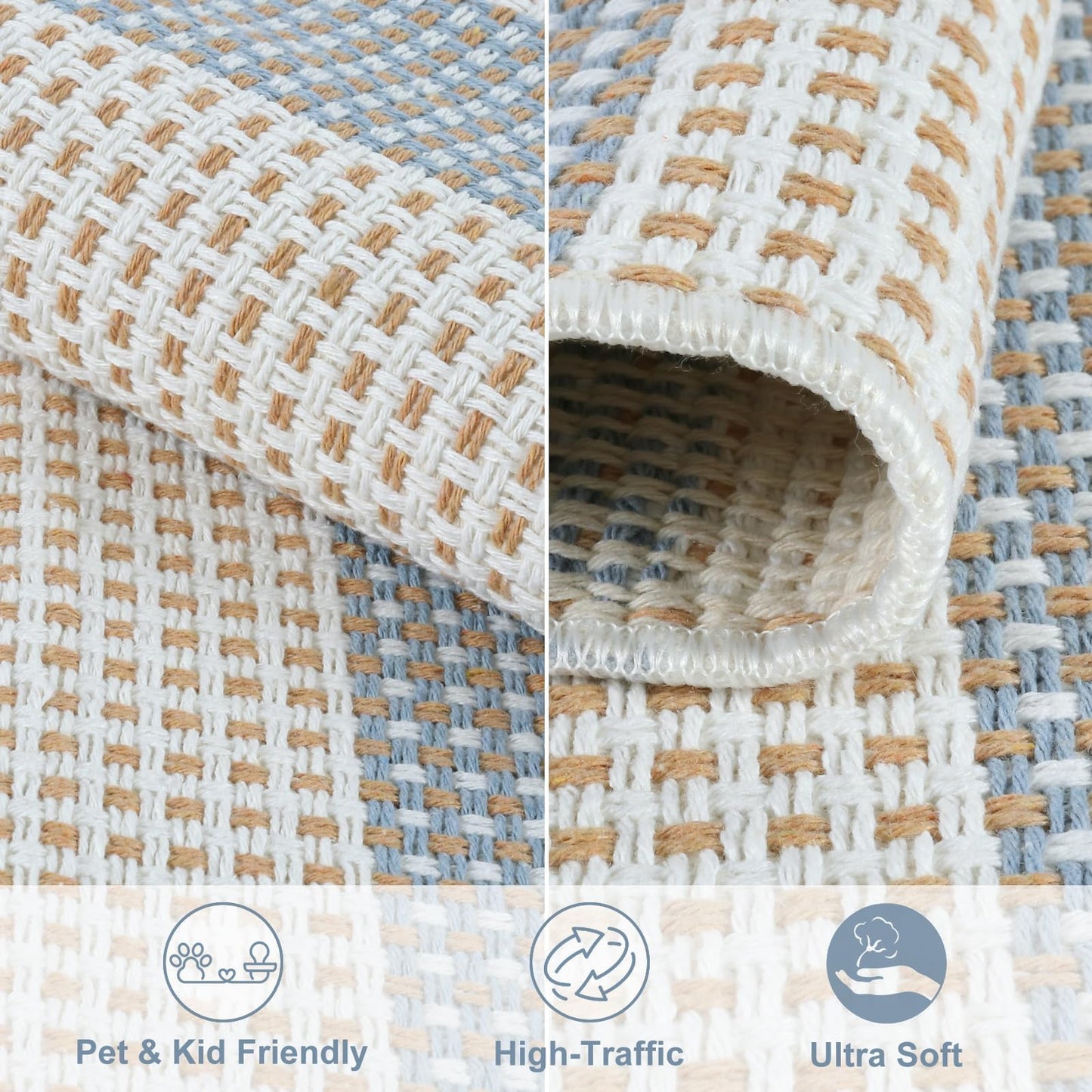 LEEVAN Striped Outdoor Rug 4x6, Washable Front Porch Rug, Spring Plaid Door Mats Outside Entrance, Blue White and Tan Entryway Floor Mat, Buffalo Woven Patio Layered Mat for Entrance/Deck/Camping
