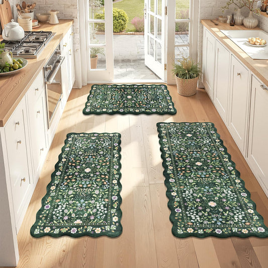Yamaziot Anti Fatigue Kitchen Rugs Set of 3 - Boho Non Slip Waterproof Kitchen Mats for Floor, Boho Runner Rug for Kitchen Floor, Laundry, Office, 17.3"x29"+17.3"x35"+17.3"x47", Green & Black