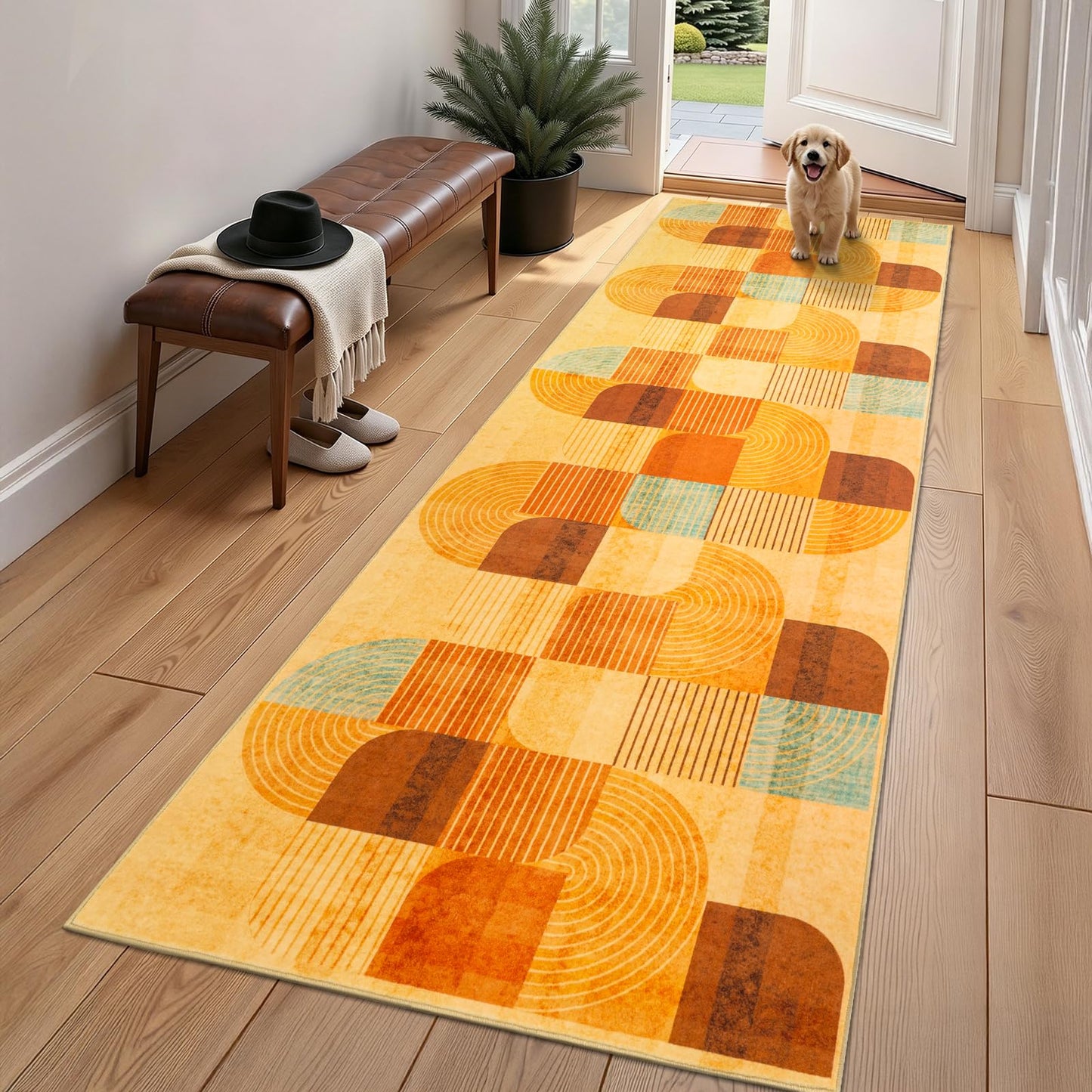 Ailyei 4x10 ft Wide Hallway Runner Rug, Soft Non Slip Washable Modern Geometric Kitchen Rugs, Wide Low-Pile Boho Floor Mat for Entrance, Bedroom, Entryway, Bathroom (Orange, 4x10 ft)