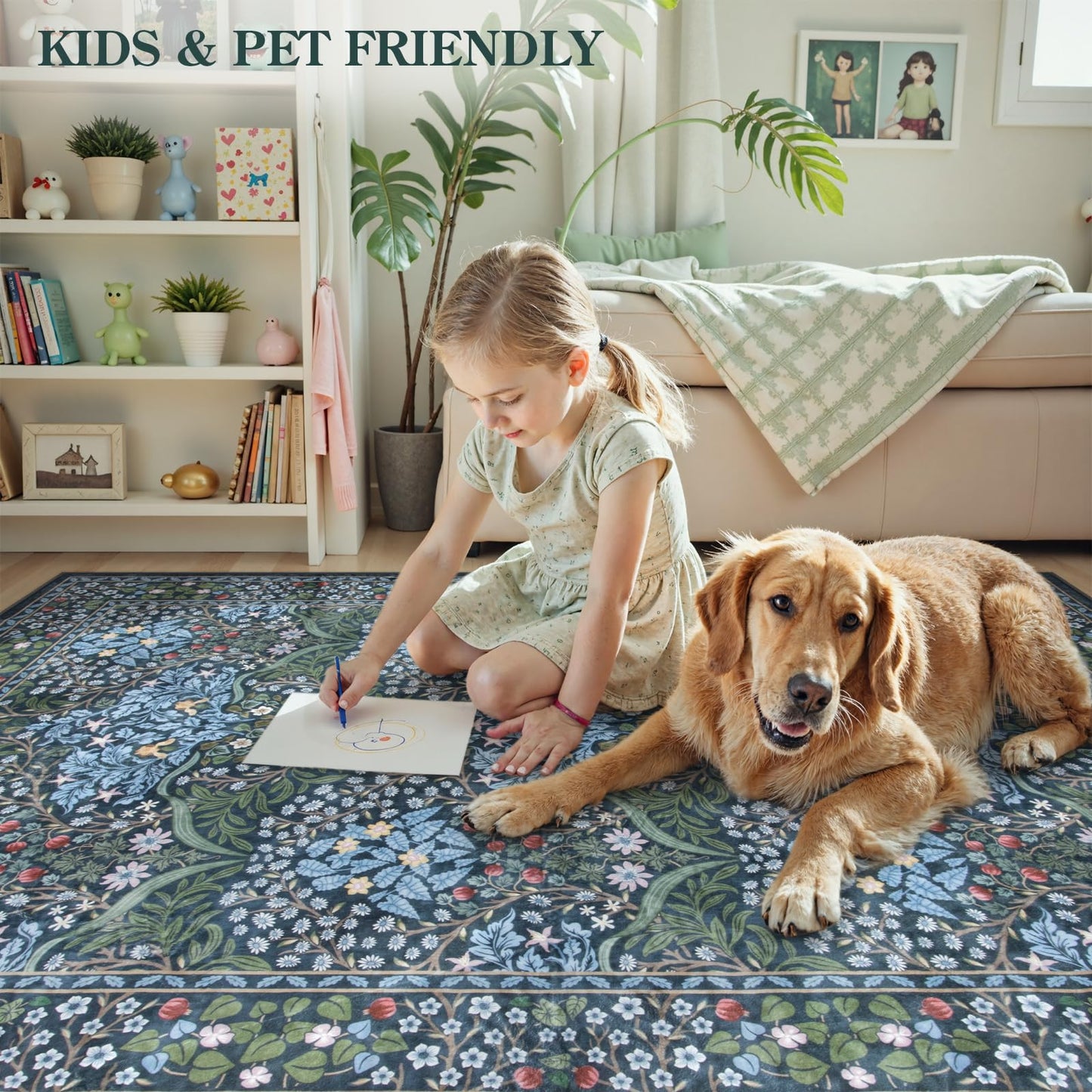 Lahome Floral Washable Area Rugs 5x7, Soft Blue Rugs for Living Room Bedroom, Boho Non Slip Low Pile Forest Stain Resistance Giverny Carpet for Farmhouse Dining Room Office, Blue