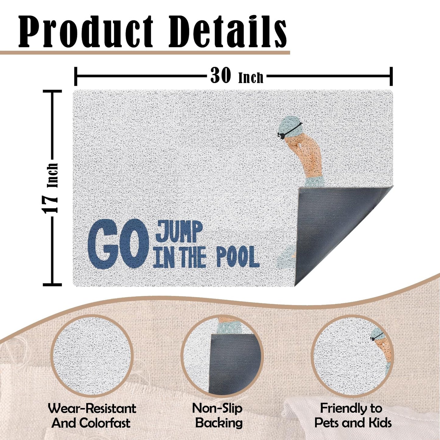 URLLUAE Coastal Beach Door Mat, Go Jump in The Pool Funny Blue Doormat Welcome Mats for Front Door Porch Outdoor Outside Entrance, Beach Bath Rug for Bathroom, 17x30 Inch
