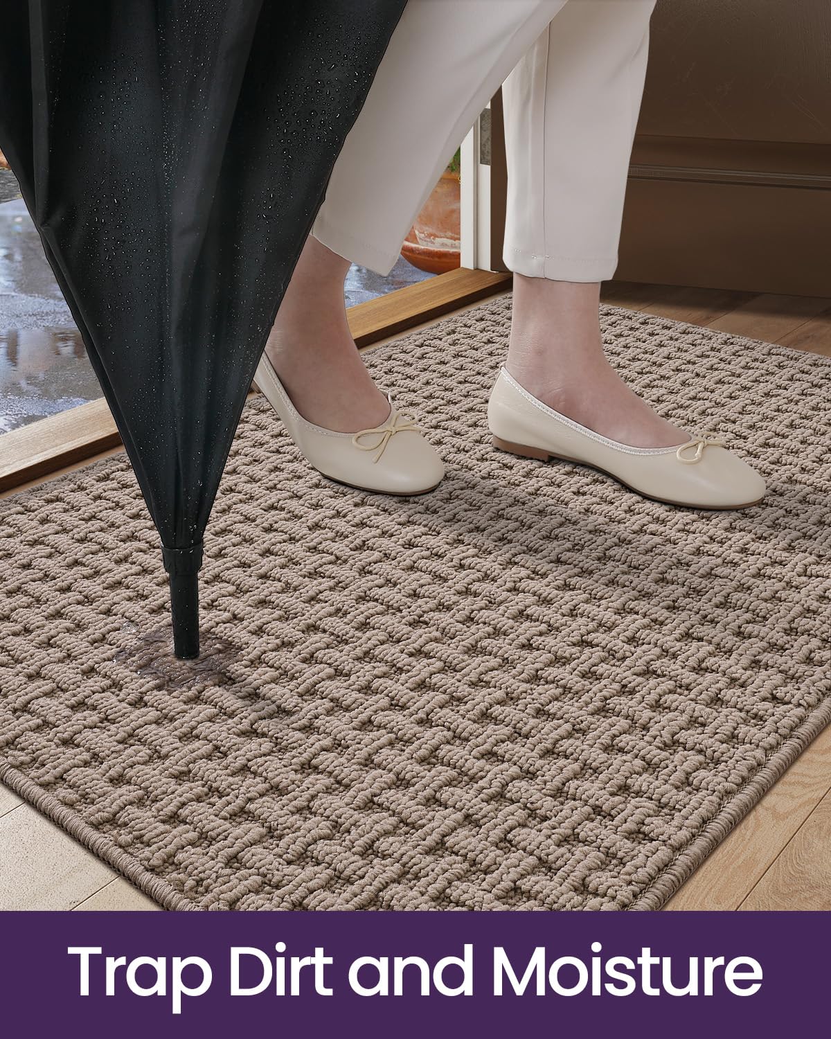 DEXI Washable Door Mat Indoor Entrance, 17x30 Dirt Trapper Front Entryway Doormat Absorbent, Inside Entry Way Mats Non Slip Rubber Backing for Backdoor Home Floor Area, Beige