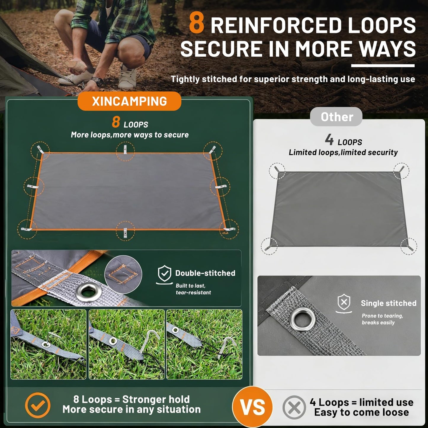 Tent Footprint - 57" X 82.6" Heavy Duty Camping Tarp with 8 Anchor Straps - Waterproof Tent Floor Mat,Ultralight Backpacking Tarp for Camping,Hiking,Beach,Picnic - Storage Bag Included
