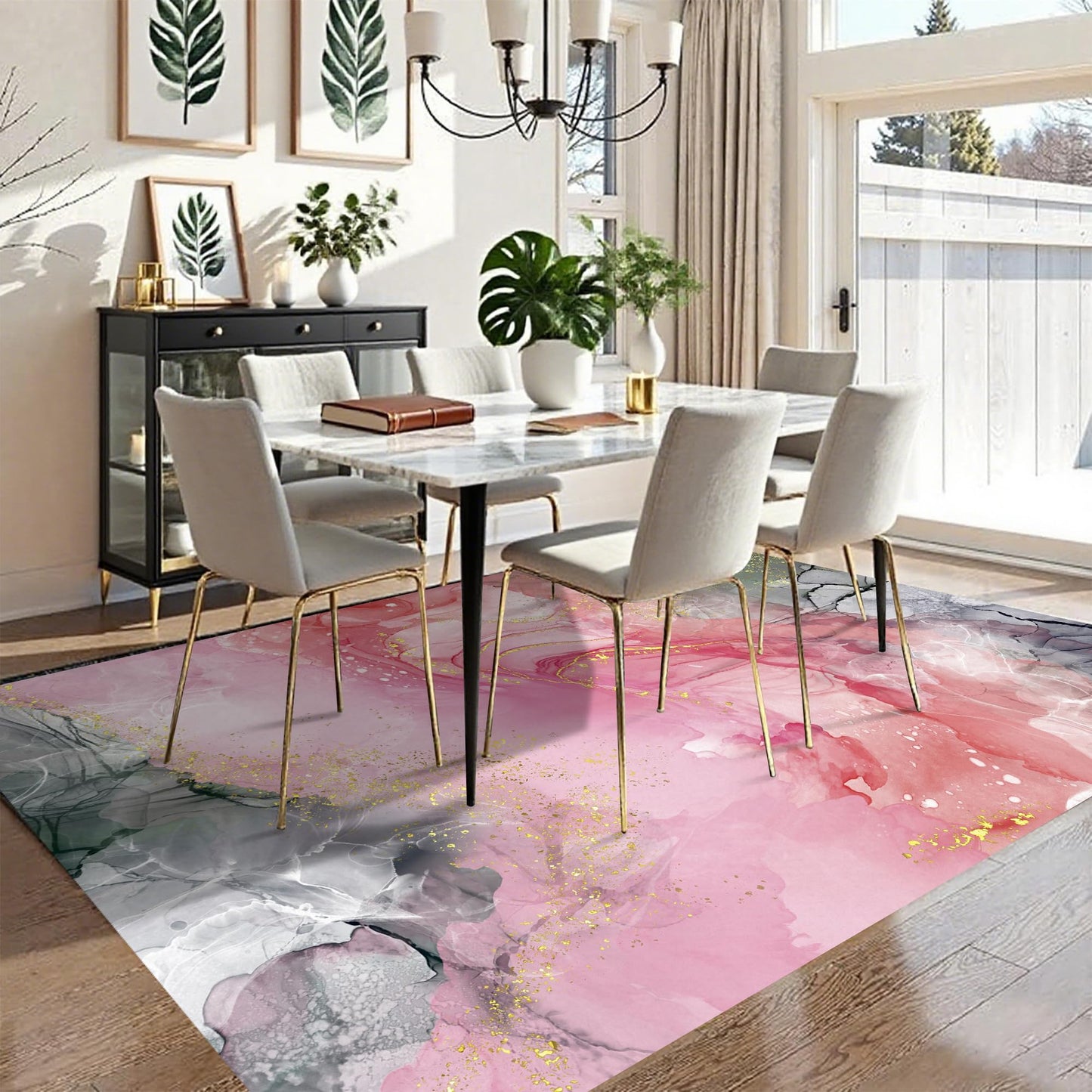 VTKON Pink Grey Marble Rug for Bedroom Marbled Texture Area Rug Tie-Dye Pink Gold Floor Mat for Living Room Dining Room Modern Carpet for Girls Women Room Decor, 4'x6'