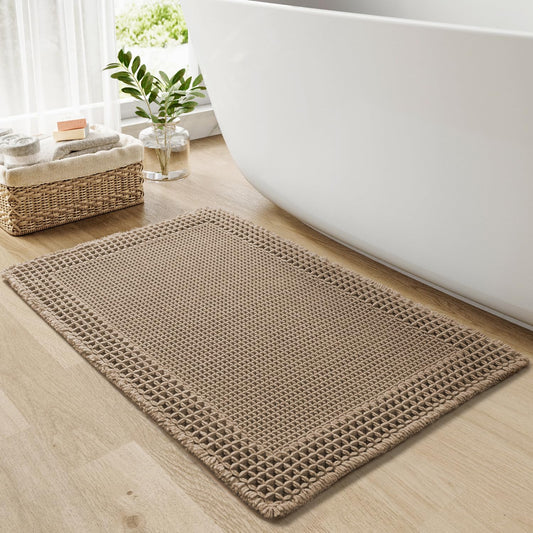 RESARE Waffle Bath Mat for Bathroom, Super Absorbent Bathroom Rugs Non Slip Machine Washable, Ultra Soft Quick Dry Boho Bath Rugs with Tassels, Farmhouse Home Decor Accessories, 17"x24" Brown