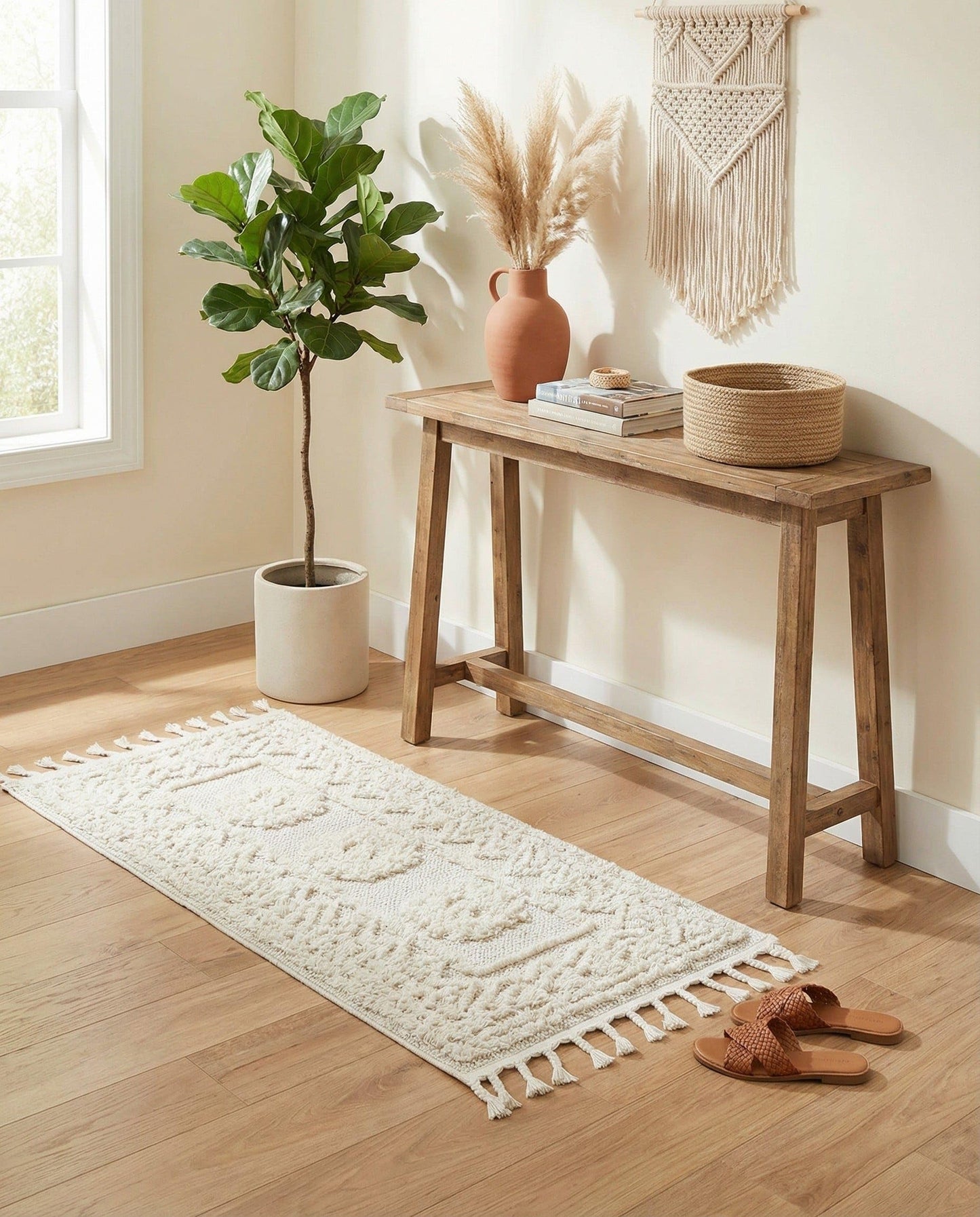 Rugs.com Boho Collection Rug – 4 Ft Runner Ivory Medium-Pile Rug Perfect for Hallways, Entryways