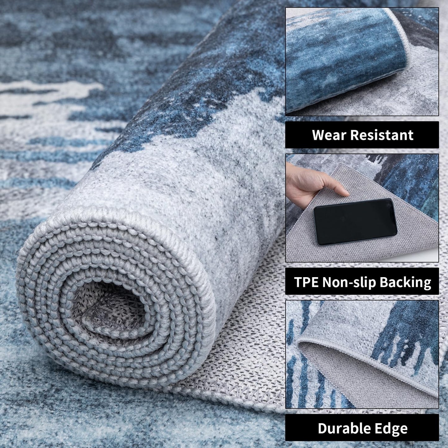 Ciicool Modern Abstract Area Rug 2x3 Washable Small Entryway Rug, Non-Slip Low Pile Throw Rug, Foldable Kitchen Bathroom Rugs, Blue Grey Floor Carpet for Entrance Living Room Bedroom Indoor Doormat