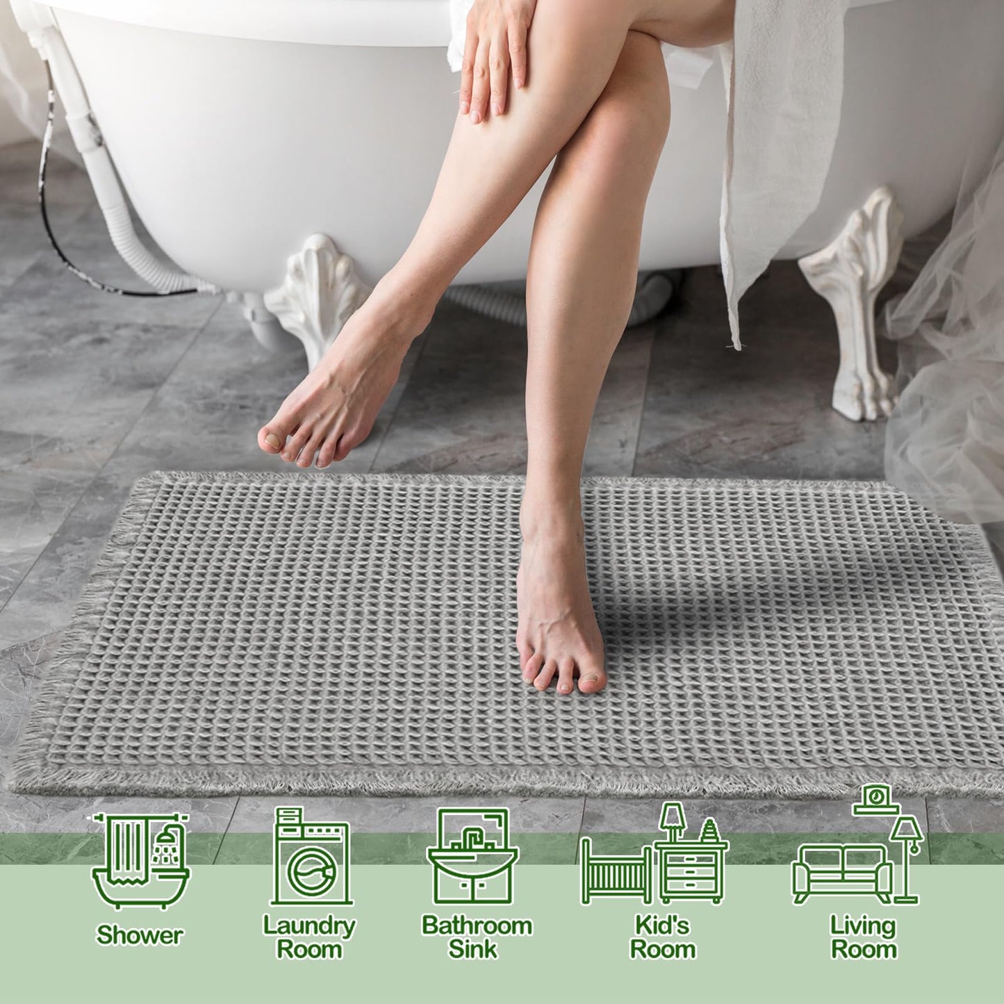 ZALL Grey Waffle Bath Mat,Super Absorbent Non Slip Bathroom Rug,Gray 18x30inch,Machine Washable Ultra Soft Floor Mats