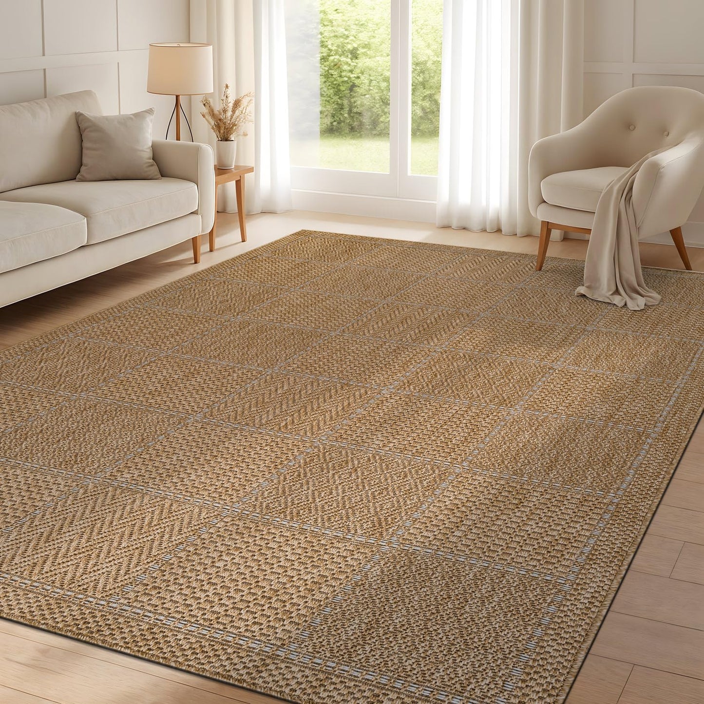 Beverly Rug Easy Jute Checkered Squared Rug 8x10 Washable Durable Indoor Outdoor Area Rugs for Living Dining Room Patio Office Stain Resistant Non Shedding Casual Indoor Outside Carpet 8 x 10 Natural