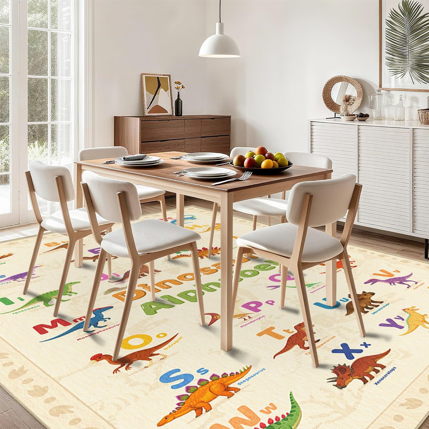 Area Rug 6x9 Living Room Dinosaur Rug Dino Alphabet Toddler Educational Area Rugs Machine Washable Non Slip Low Pile Large Dining Room Indoor Floor Carpet for Kids Room Nursery Playroom,Beige