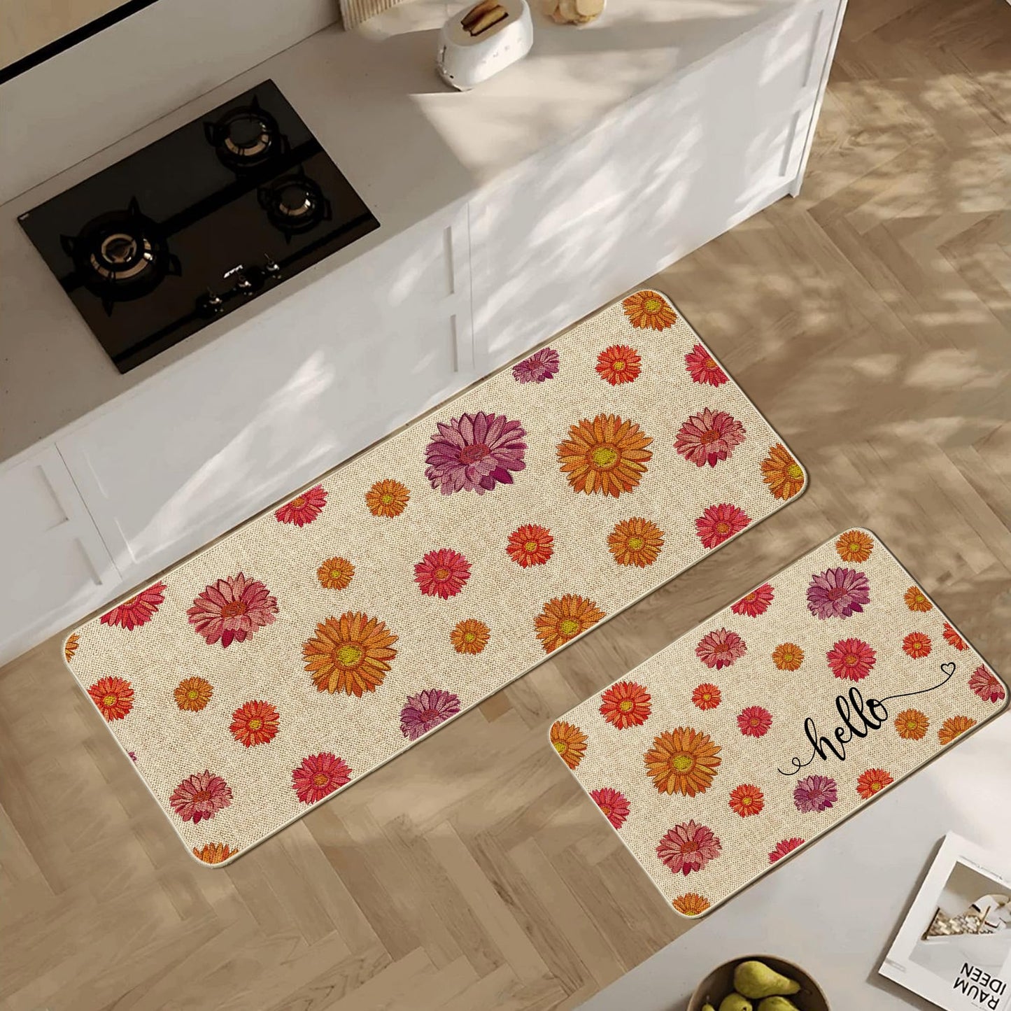 Tikeciti Spring Summer Vibrant Daisies Kitchen Mats Set of 2, Daisy Floral Kitchen Rugs Seasonal Holiday Floor Non-Slip Low Profile Mat Farmhouse Home Decor 17x29 and 17x47 Inch