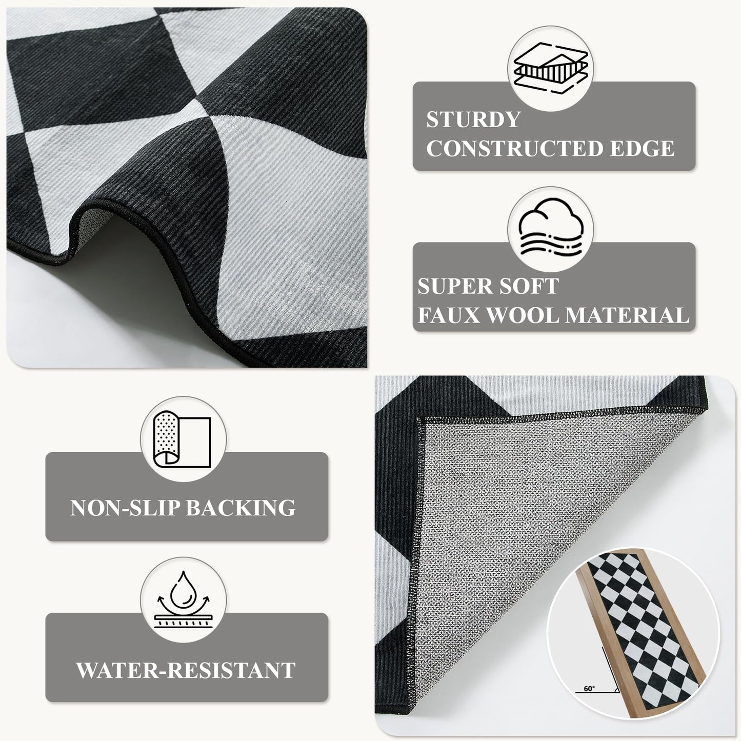 Beeiva Checkered Print Runners for Hallways 2.5x8, Ultra Thin Black Kitchen Runners Non Skid Washable 8 ft, Modern Diamond Stain Resistant Low Pile Carpet for Bathroom Entryway Bedroom Laundry