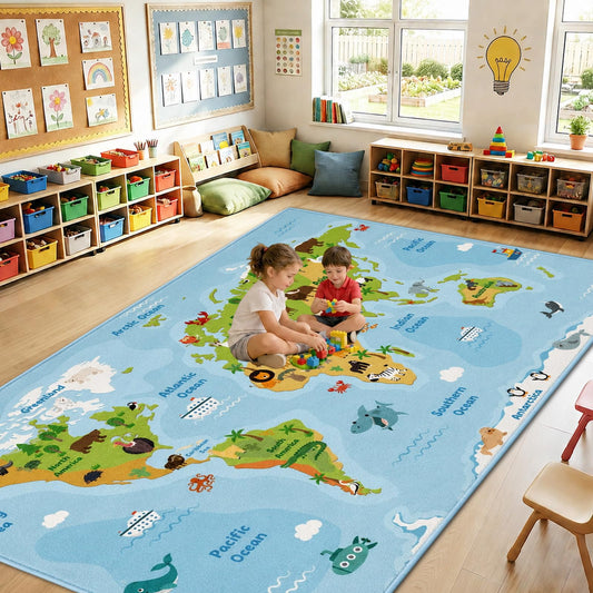 7.5x12 ft Large World Map Classroom Rug Colorful Educational Area Mat Maps Animals Play Carpet Educational Learning Mat for Back to School Classroom Preschool Nursery Kindergarten Decor (World Map)