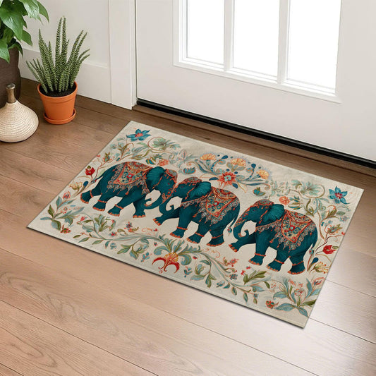 Beautiful Elephant Indoor Door Mat, Spiritual Symmetrical Design Welcome 29.5"×17" Non-Woven Floor Mat, Boho Non-Slip Doormat Rug for Front Door, Porch, Bathroom, Kitchen, Decor, Gifts