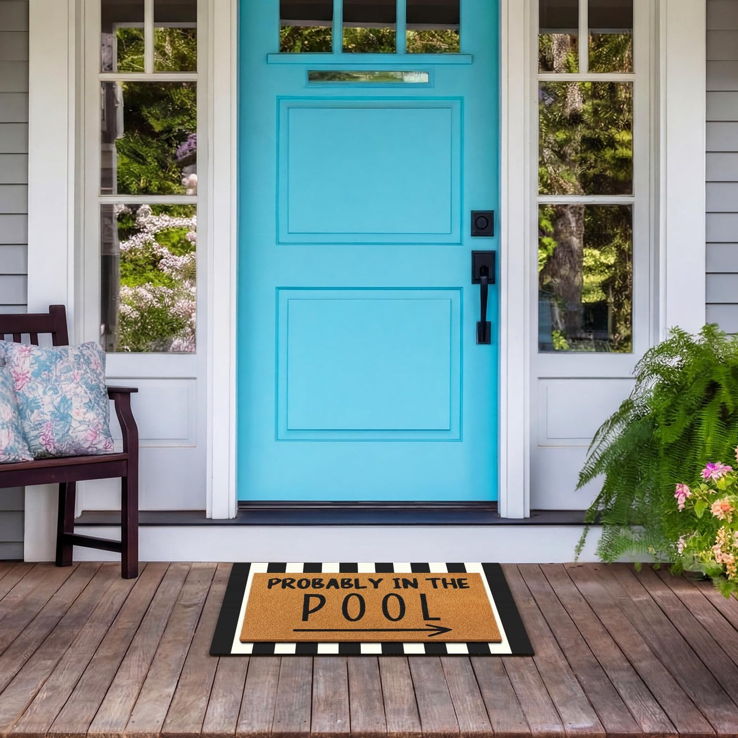 Tinideya 2 Pcs Summer Door Mat Probably in the Pool Welcome Non Slip Coir Mats Floor Layering Black and White Strips Doormats Seasonal for Front Porch Entryway Decor(Pool)