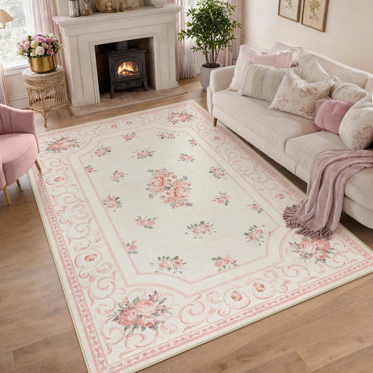 Tribesigns Boho Floral 5x7 Pink Area Rug for Girls Bedroom, Soft Washable Nursery Living Room Rug, Vintage Non-Slip Low Pile French Indoor Carpet for Dorm Kids Dining Playroom, Beige/5x7