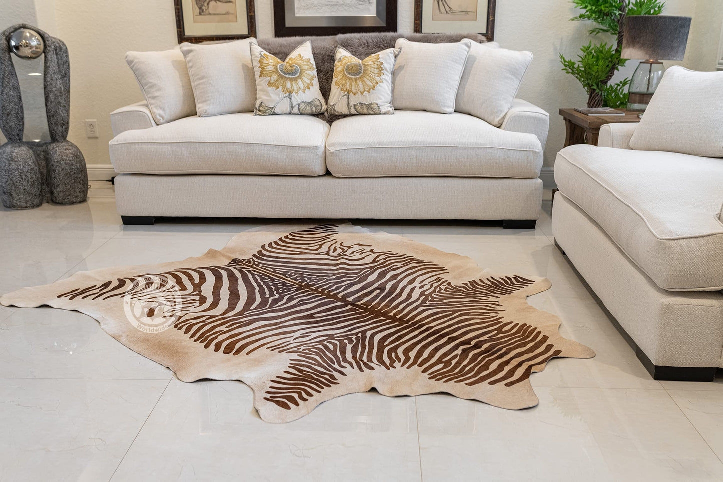 Sunshine Cowhides 100% Genuine Zebra Print Brown on Beige Cowhide Rug - Modern Style Animal Skin Rug & Floor Carpet for Living Room, Bedroom, Kitchen & More - Large (6x6-7ft)