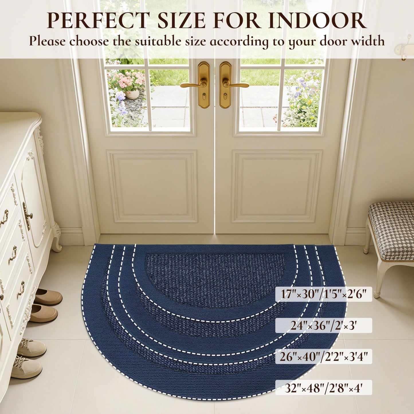 FLOORHUG Dirt Trapper Door Mats 17"x30", Half Circle Entryway Rugs Non-Slip Washable, Dirt Resist and Absorbent Doormat Low Profile Entrance Mat Floor Mats for Front Back Door, Blue