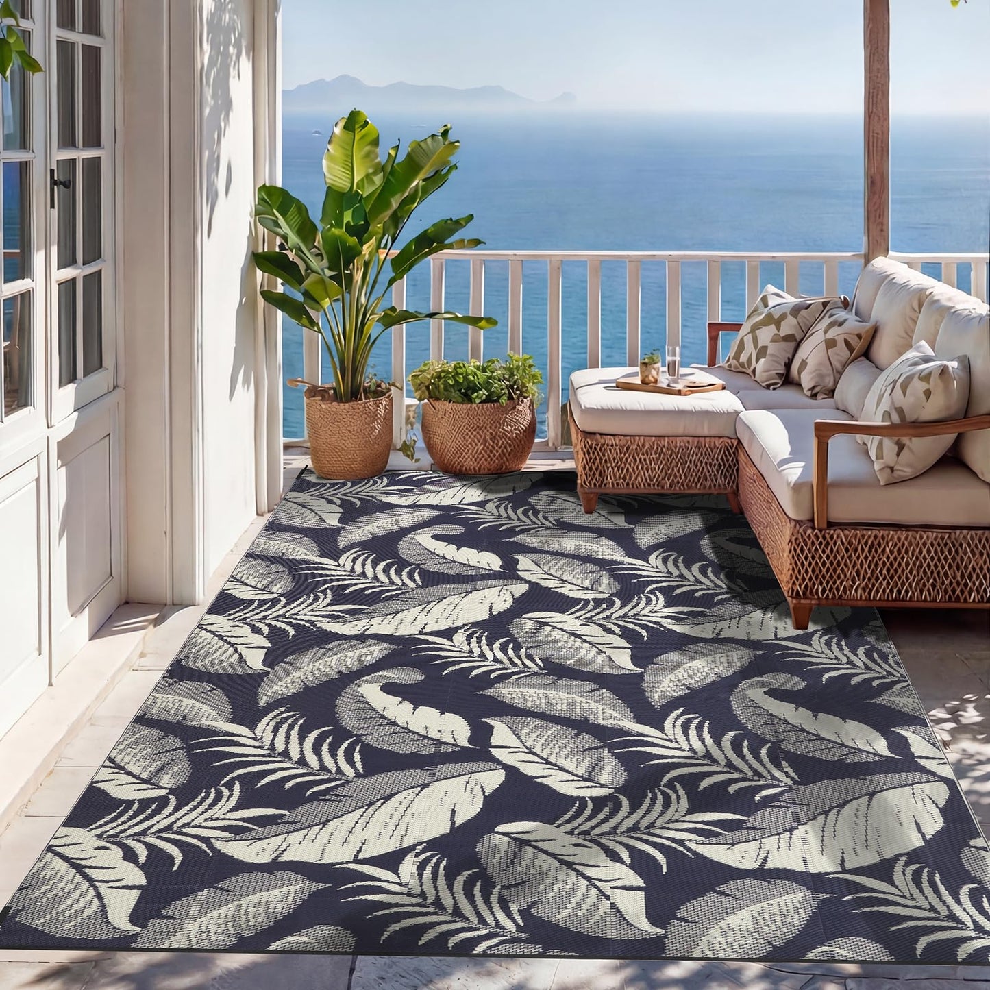 OPPODREAM Reversible Outdoor Rug 5x7, Waterproof Outdoor Plastic Straw Rug for Patio, Tropical Leaf RV Camping Rugs for Outside, Deck, Balcony, Porch, Backyard, Camping, Rv, Navy and Cream White