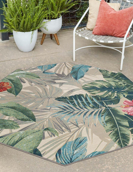Unique Loom Outdoor Botanical Collection Area Rug - Kula (4' 1" Octagon Multi/Gray)