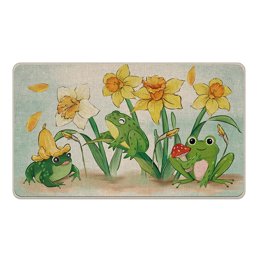 Livcoz Spring Summer Daffodil Flower Frog Welcome Front Door Mat, Funny Floral Mushroom Decorative Doormat Non-Slip Floor Entryway Rug, Plant Botanical Indoor Outdoor Home Kitchen Decoration 17''x29''