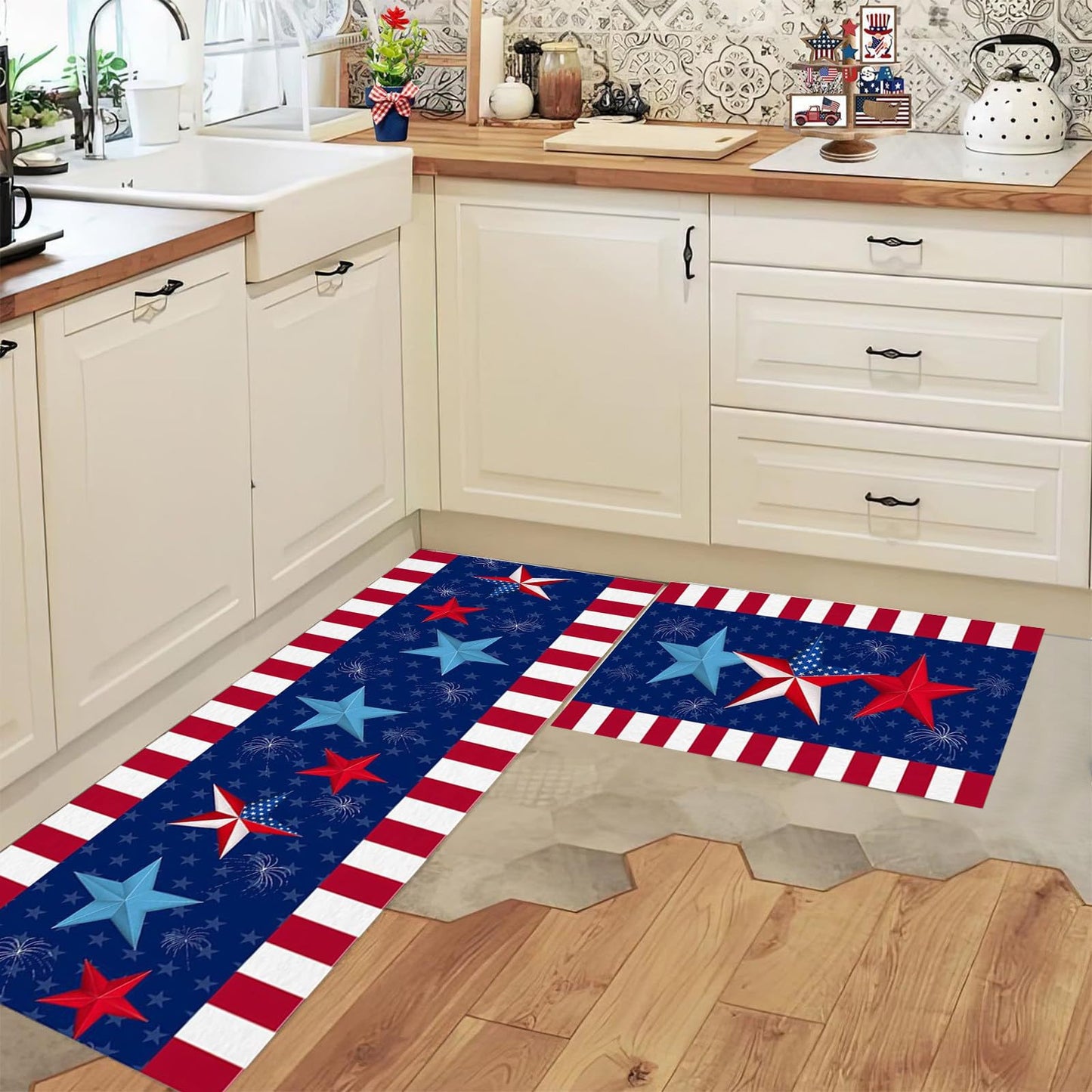 simplmasygenix 2PCS 4th of July Patriotic Kitchen Rugs, Red, White and Blue Stars and Stripes American Flag Floor Mats Washable Non-Slip Runner Rugs for Farmhouse Independence Day Decor (#2)